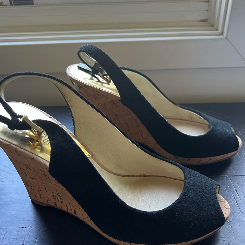 MICHAEL Michael Kors Black and Tan Peep-Toe Wedges